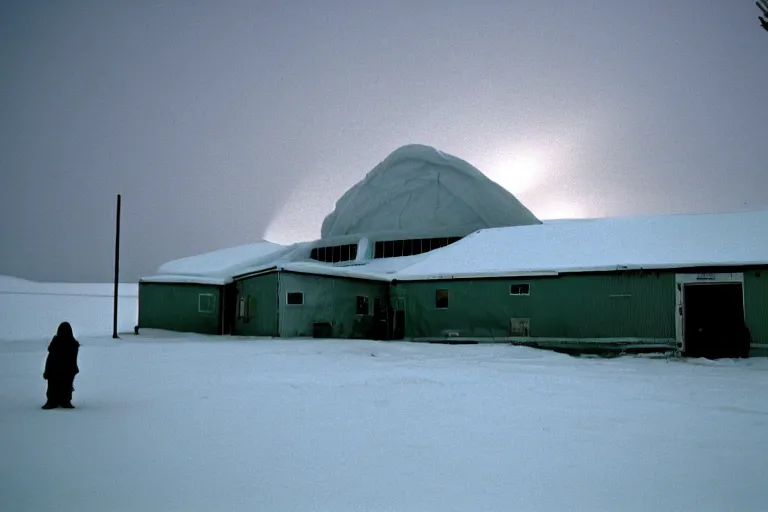 Prompt: scary filmic wide shot angle movie still 35mm film color photograph of a horrific terrifying shape shifting abstract alien organism from The Thing 1982 spewing slimey tendrils outside at mcmurdoch station exterior at night in antarctica with aurora borealis in sky, in the style of a horror film