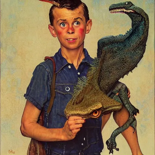 Image similar to a Norman Rockwell painting of a boy and his dinosaur velociraptor