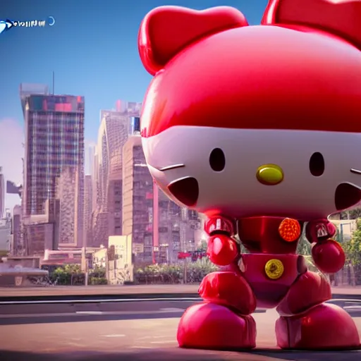 Prompt: a beautiful hyperrealistic ultradetailed 3D render of a humongous hello kitty themed mecha standing in the city, by brian sum and stephen martiniere and Antonio Manzanedo. mech, dragon, unreal engine, octane render, PBR, 3D, brilliantly colored, intricate, wide angle, volumetric lighting, polished, path tracing