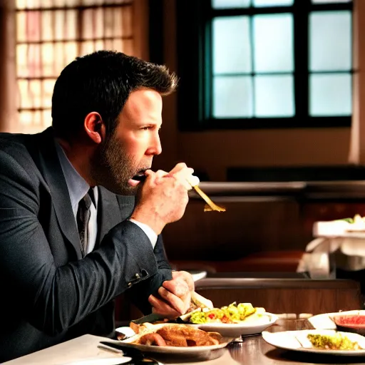 Image similar to A still of Ben Affleck's Batman eating at Denny's, 4k, photograph, ultra realistic, highly detailed, studio lighting