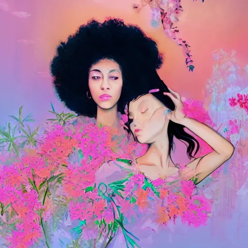 Prompt: portrait of the two most beautiful women surrounded by soft florals, vaporwave lighting, dewy skin, concept art, high detail, beautiful, dreamy