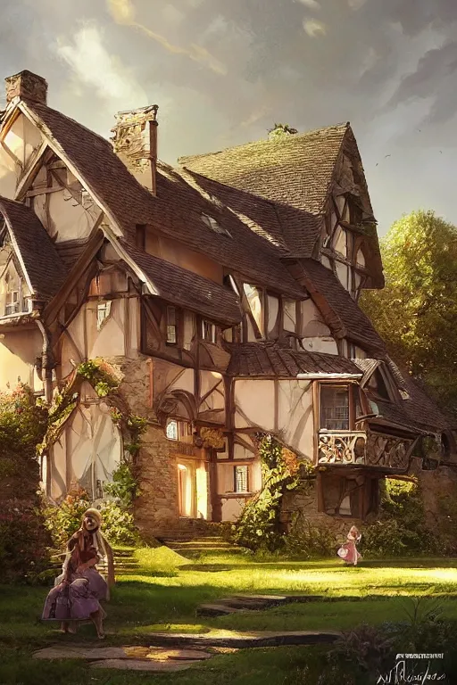 Image similar to happy cottagecore Ariana Grande with her happy family home, countryside villa, intricate, fancy, highly detailed, digital painting, artstation, concept art, smooth, sharp, focus, illustration, art by artgerm and greg rutkowski