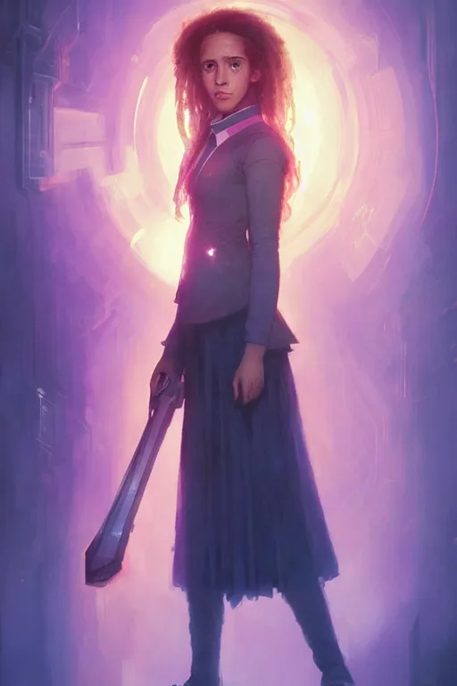 Image similar to portrait of Hermione Granger in cyberpunk, neon lighting, digital art from artstation by Ruan Jia and Mandy Jurgens and Artgerm and william-adolphe bouguereau and Greg Rutkowski and Wayne Barlowe