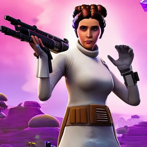 Image similar to princess leia in fortnite, character render, full body shot, highly detailed, in game render