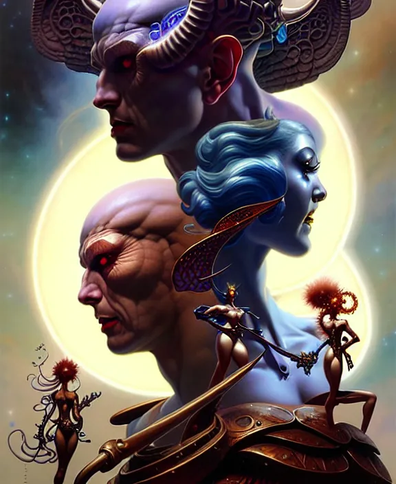 Image similar to beautiful gemini good and evil fantasy character portrait, ultra realistic, wide angle, intricate details, the fifth element artifacts, highly detailed by peter mohrbacher, hajime sorayama, wayne barlowe, boris vallejo, aaron horkey, gaston bussiere, craig mullins