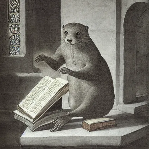 Prompt: Painting of an otter wearing nobleman's robes, holding a prayer book in a chapel, by Leonardo Da Vinci