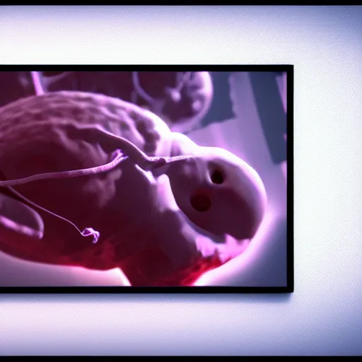 Prompt: picture of fetus covered by television static noise with a cord, coming out from the television, 8k, unreal engine, concept art, oil paiting, artstaion, highly detailed, ultra hd