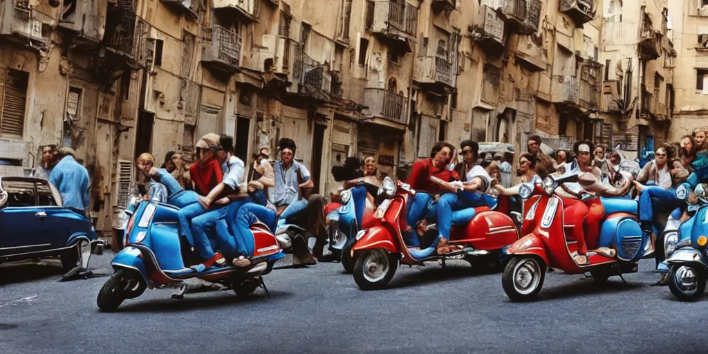 Image similar to movie in the 7 0 s, grease, disco, vespa motorcicles, fiat uno, in the city of genova still image. cinematic. color grading.