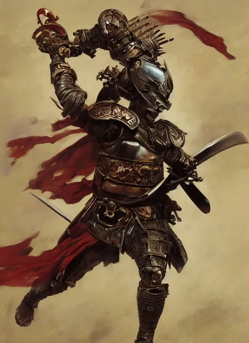 Image similar to A full portrait oil painting of a helmeted and masked Samurai holding a katana above his head an running into battle, japanese god of war armor, by Frank Frazetta, Greg Rutkowski, Boris Vallejo, epic fantasy character art, Exquisite detail, post-processing, low angle, masterpiece, cinematic, lightning