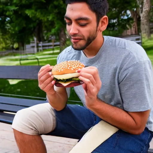 Prompt: a man eating a burger, there are insects in his burger, he is sitting on a bench, he is cross eyed.