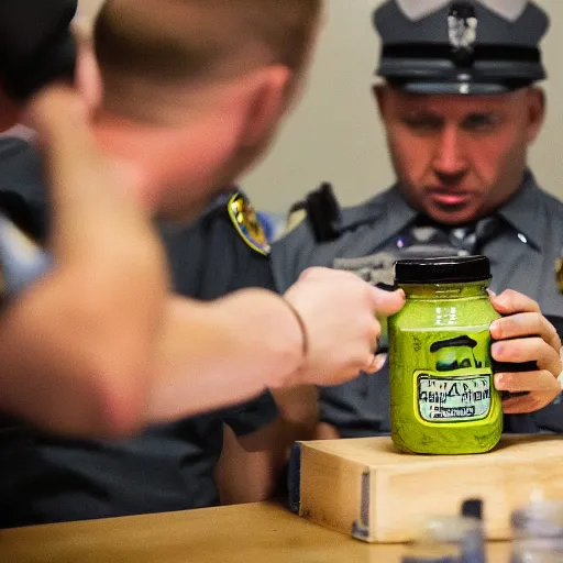 Prompt: coherent photo of police interrogating a jar of pickles