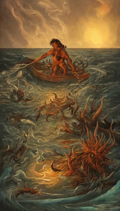 Prompt: man on boat crossing a body of water in hell with creatures in the water, sea of souls, from cryptid academia