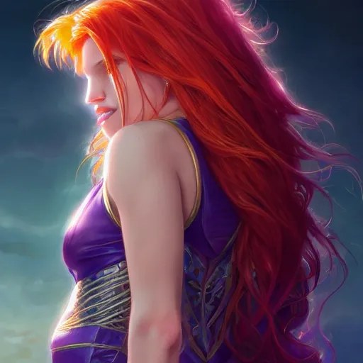 Image similar to ultra realistic illustration, bella thorne as starfire anime, intricate, elegant, highly detailed, digital painting, artstation, concept art, smooth, sharp focus, illustration, art by artgerm and greg rutkowski and alphonse mucha and wlop