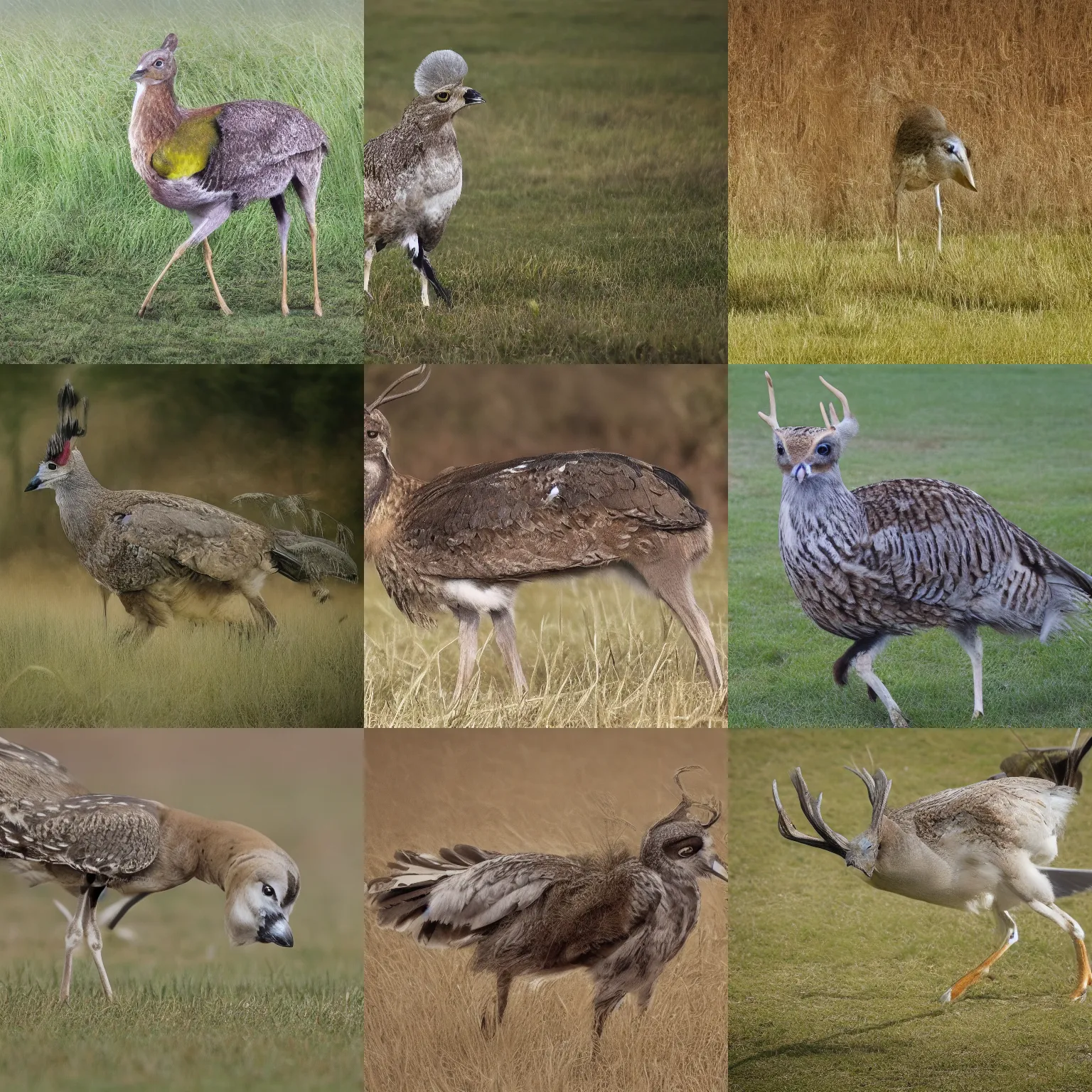 Prompt: a feathered deer with bird feathers as fur, owl feathers, nat geo, national geographic, photo, nature photography, f16, telephoto zoom, 100mm, wide shot, trending on artstation, highly detailed, walking on grass