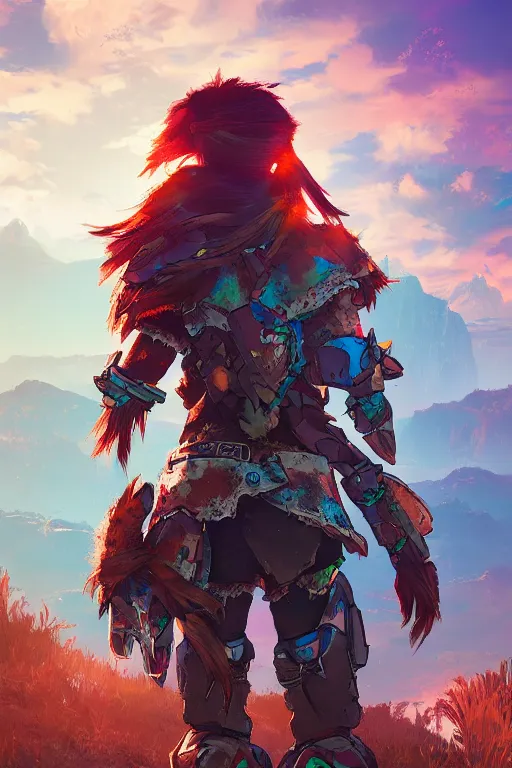 Image similar to combination suit armor aloy horizon forbidden west horizon zero dawn radiating a glowing aura global illumination ray tracing hdr fanart arstation by ian pesty and alena aenami artworks in 4 k tribal robot ninja mask helmet backpack