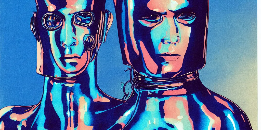 Prompt: a close - up grainy risograph painting of cyberpunk japanese model man with black eyes and pretty face wearing latex catsuit and lots of transparent and cellophane accessories, blue hour, twilight, by moebius and lehr paul