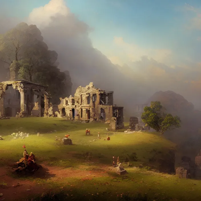 Prompt: a beautiful painting of ruins on the grassland by ivan aivazovsky and greg rutkowski and rhads, in style of digital art. hyper detailed, sharp focus, soft light. octane render. ray tracing. trending on artstation