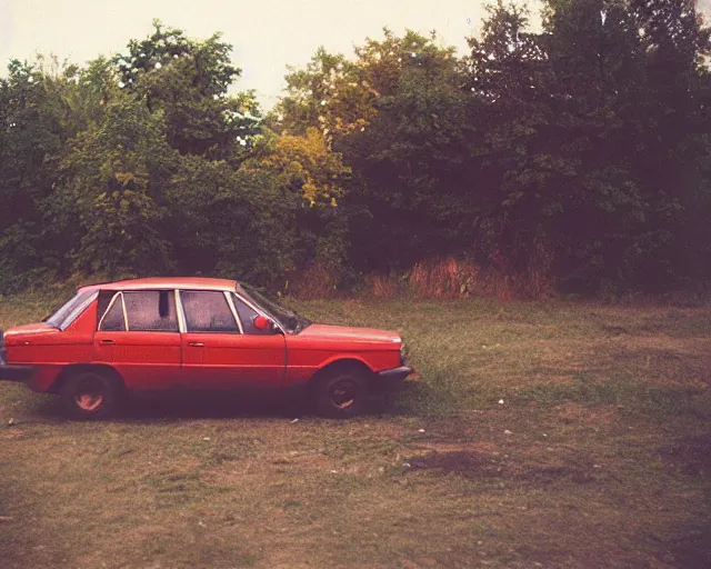 Image similar to a lomographic photo of old lada 2 1 0 7 standing in typical soviet yard in small town, hrushevka on background, cinestill, bokeh