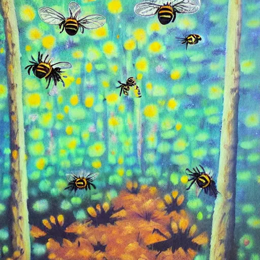 Image similar to bees flying in the woods, acrylic by yelena york