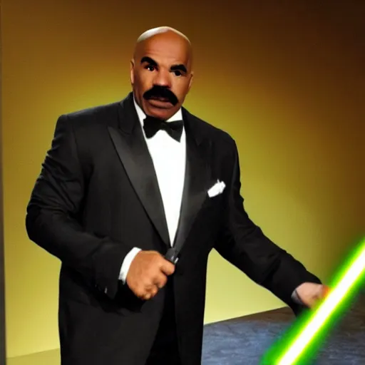 Image similar to steve harvey holding lightsaber, detailed, clean, realistic