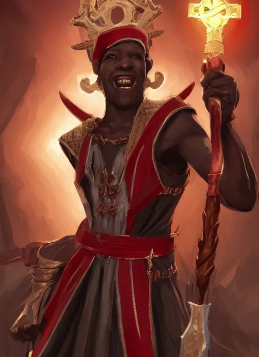 Prompt: a highly detailed illustration of african priest with short white hair, wearing cross on robe, wielding red blades made of blood, evil standing smiling pose, gothic church background, muscular, intricate, elegant, highly detailed, centered, digital painting, artstation, concept art, smooth, sharp focus, league of legends concept art, WLOP