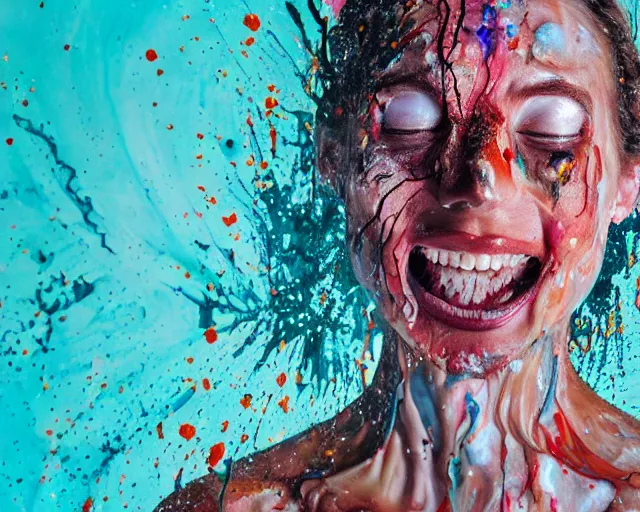 Image similar to still shot close up footage of the portrait of a female head exploding and disintegrating into acrylic pour and splashing paint and dripping paint, painful emotions, motion blur, hyperrealistic, medical, intricate art photography, anatomically correct, realistic crisp textures, 1 6 k