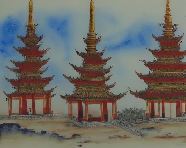 Image similar to twin buddhist pagodas in landscape, traditional chinese watercolor,