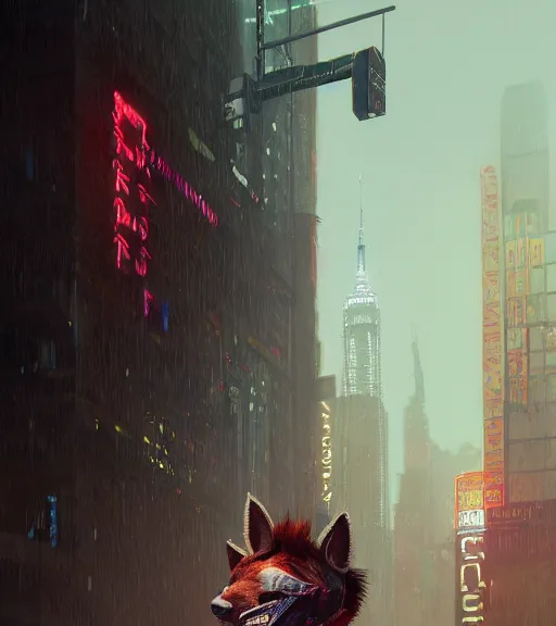 Image similar to new york city portrait of furry anthro anthropomorphic spotted hyena head animal person fursona wearing clothes strange cybernetic muzzle gloomy rainy screenshot from the video game cyberpunk 2077 digital art by Greg Rutkowski, Simon Stalenhag, christopher nolan trending on Artstation, CGSociety