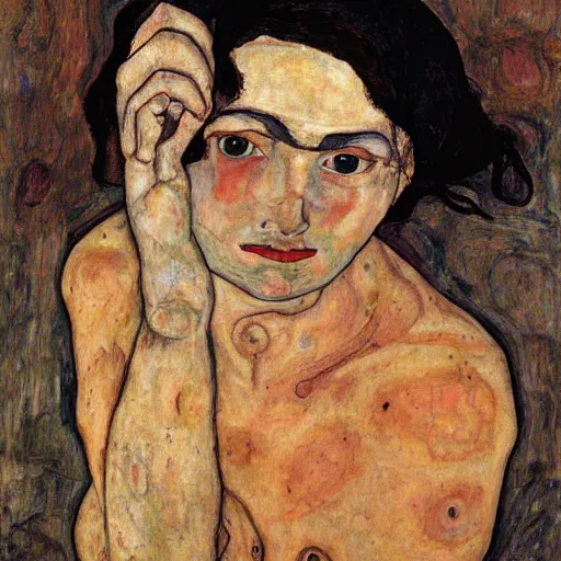 Prompt: a highly detailed painting by egon schiele of a young woman with black hair having an existential crisis in the centre of rome, 4 k