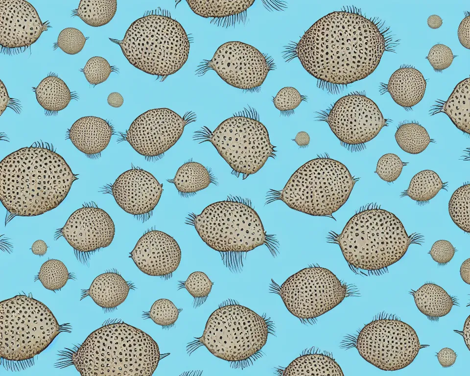 Prompt: wallpaper with puffer fish on baby blue background. illustrated, flat, rich color, scientific classification.