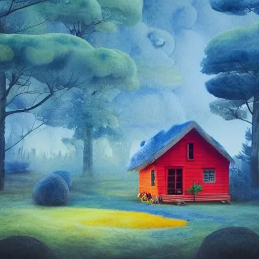 Image similar to a watercolor art in shape of volumetric!! wool felting small wooden house in the middle of spring forest, bright colours, children illustration, 4 k, matte painting, by rhads