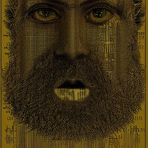 Image similar to A realistic portrait of the face that everyone in the world finds familiar by Gustave Dore in ASCII art style