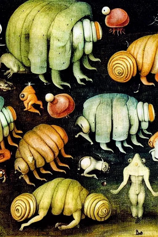 Prompt: a beautiful tardigrade landscape with weird tardigrade creatures by hieronymus bosch and dali