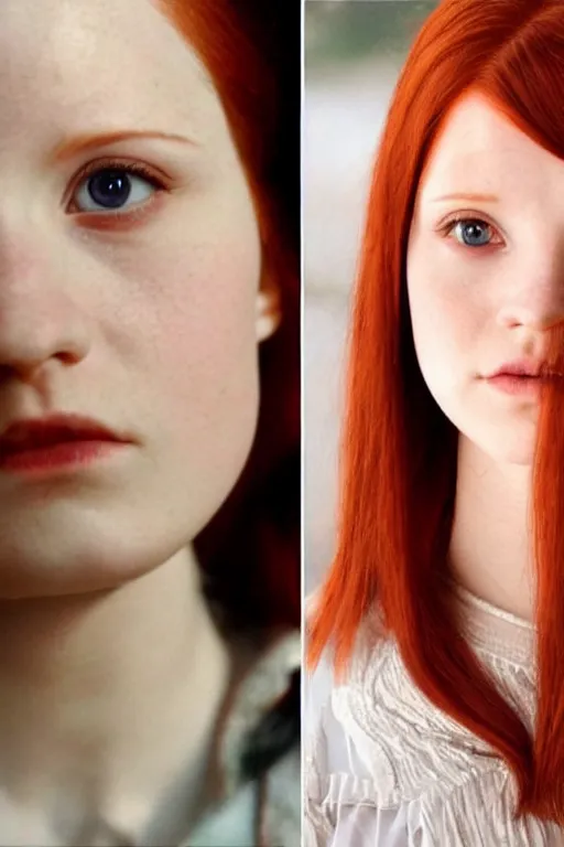 Prompt: ginny Weasley, symmetrical face two identical symmetrical eyes, feminine figure