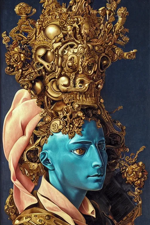 Image similar to a young handsome Spanish prince in a full-body bronze cyberpunk style statue of an android with glowing blue eyes with an open chest exposing a sparking motherboard chip, crown of peach roses, flowing teal-colored silk, fabric, flowers. baroque elements, human skull. full-length view. baroque element. intricate artwork by caravaggio. many many birds birds on background. Trending on artstation, octane render, cinematic lighting from the right, hyper realism, octane render, 8k, depth of field, 3D