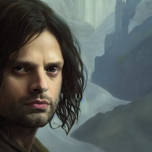 Image similar to sebastian stan as aragorn by leonardo divinci, greg rutkowski, alphonse mucha, mystical cosmic lighting, octane render, artstation, rey tracing, golden ratio, rule of thirds, perfect composition