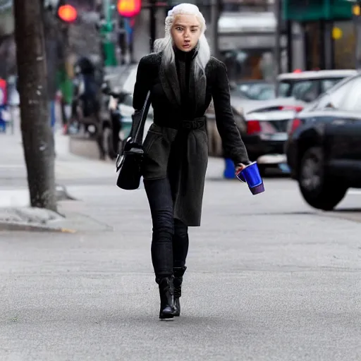 Prompt: a long shot paparazzi photographic of daenerys targaryen walking downtown vancouver, british columbia drinking starbucks, mid day lighting, candid street photography