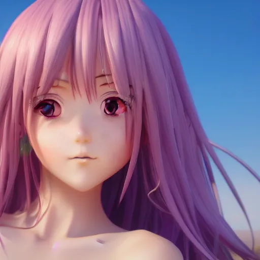 Image similar to Render of a very beautiful 3d anime girl, long purple hair, beautiful eyes, cute freckles, full round face, short smile, cute sundress, golden hour, serene beach setting, medium shot, mid-shot, highly detailed, trending on Artstation, Unreal Engine 4k