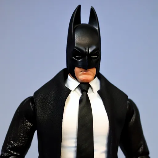 Prompt: action figure of Trump as Batman with cowl shaped like hair by Hasbro