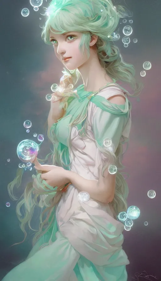 Image similar to portrait of magical girl, dreamy and ethereal, mint green eyes, peaceful expression, ornate frilly dress, fantasy, intricate, elegant, rainbow bubbles, highly detailed, digital painting, artstation, concept art, smooth, sharp focus, illustration, art by artgerm and greg rutkowski and alphonse mucha