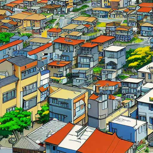 Image similar to japanese town, neighborhood, surreal neighborhood, street view, anime, modern neighborhood, japanese city, underground city, modern city, tokyo - esque town, 2 0 0 1 anime, cel - shading, compact buildings, sepia sunshine, yellow sunshine