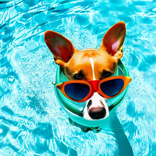 Prompt: photo of dog wearing sunglasses relaxing in a pool floater