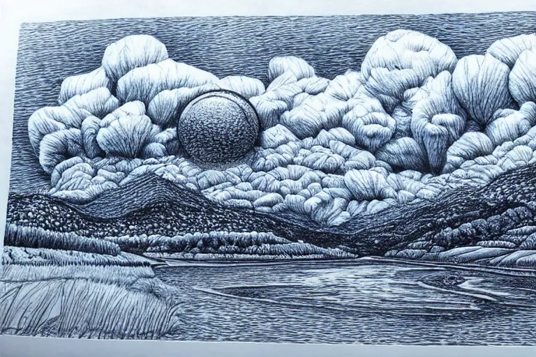 insanely detailed landscape, blue ball - point pen art, Stable Diffusion