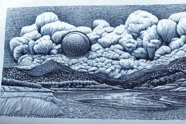 Image similar to insanely detailed landscape, blue ball - point pen art