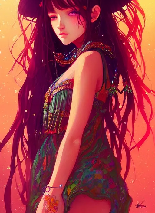 Image similar to “a beautiful bohemian girl, intricate, highly detailed, digital painting, Pixiv, Artstation, official media, anime key visual, concept art, rich vivid colors, ambient lighting, sharp focus, illustration, art by WLOP”