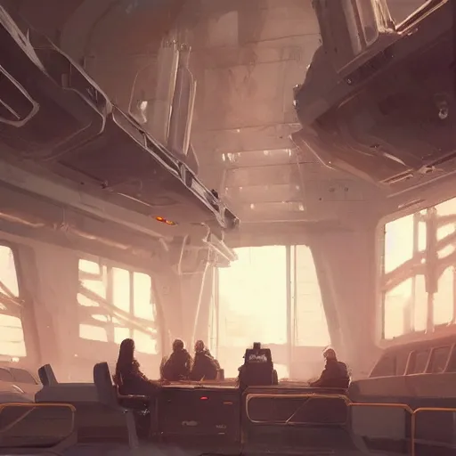 Prompt: concept art by greg rutkowski, a very tall, and slender woman with blond hair, sitting with the crew in the ship's flight deck, brutalist futuristic interior, dark lighting atmosphere, detailed portraits, nostalgic atmosphere, scifi, digital painting, artstation, concept art, smooth, sharp foccus ilustration, artstation hq