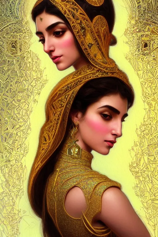 Prompt: Beautiful portrait of a Persian Princess who is an architect, beautiful princess, face painting, architecture, persian style architecture, dramatic lighting, intricate, wild, highly detailed, digital painting, artstation, concept art, smooth, sharp focus, illustration, gold+yellow+white+Turquoise, art by artgerm and greg rutkowski and alphonse mucha, footage from space camera