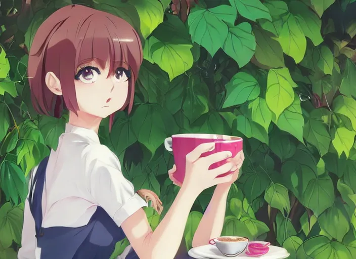 Prompt: a cute young anime woman drinking coffee at a outdoor cafe, lush overgrowth, ivy, foliage, flowers, cute face by ilya kuvshinov, makoto shinkai, kyoani, masakazu katsura, dynamic pose, gelbooru, danboor, rounded eyes, anime poster, cel shaded, detailed facial features
