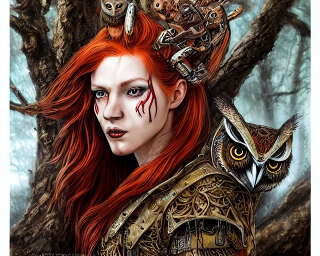 Image similar to 5 5 mm portrait photo of an armored gorgeous anesthetic redhead woman warrior with a face tattoo and horns growing from her head, and owl sitting on her shoulder in a magical forest in the style of stefan kostic, art by luis royo. highly detailed 8 k. intricate. lifelike. soft light. nikon d 8 5 0. cinematic post - processing