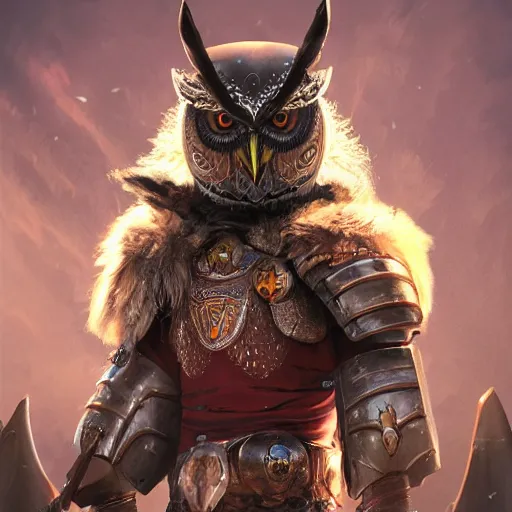 Image similar to a portrait of an owlknight, wearing a knight armor and a cape, fantasy artwork, colors, hyper detailed, realistic lighting, octane render, 4 k,